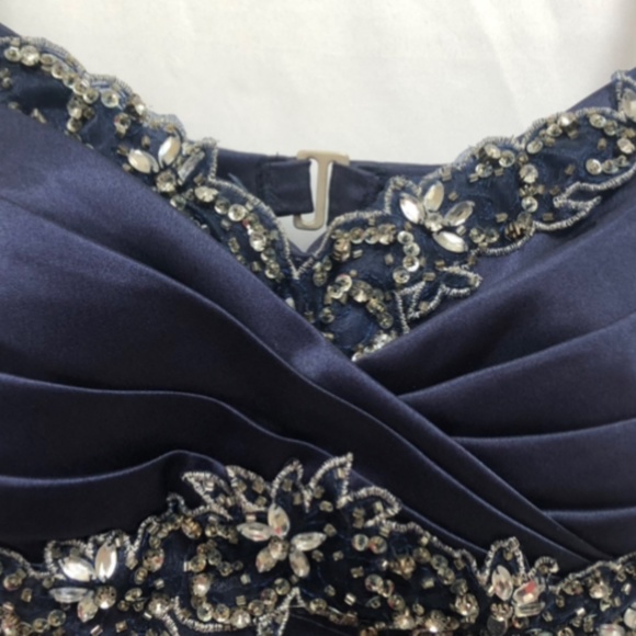 B. Darlin Navy Blue Short Formal Dress Satin-Look Size 3/4 with Sequin Bead Trim - Picture 3 of 11